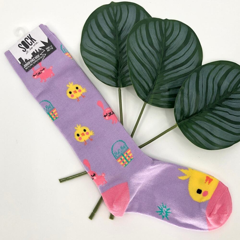 Sock It To Me Purple Pink Yellow Easter Bunny Basket Chick Junior Knee High Sock